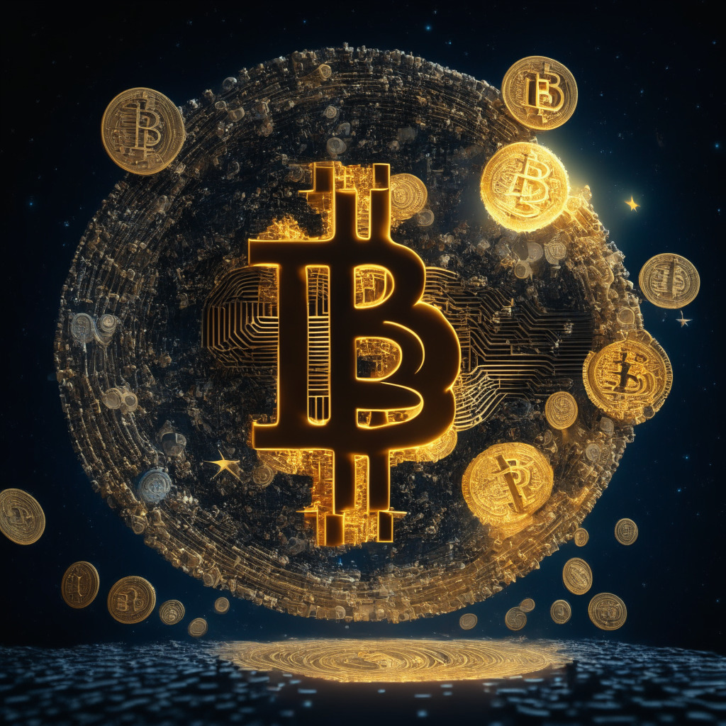 An intricate 3D abstract image showing Bitcoin symbol spinning away from a group of traditional stock market symbols, all floating in a celestial-like space. The mood is mysterious and evocative, reflecting Bitcoin's possible independence. The Bitcoin symbol is brightly illuminated while the traditional market symbols fade into the darker background, demonstrating decoupling. An ethereal, twilight color scheme conveys the uncertainty of future correlation.