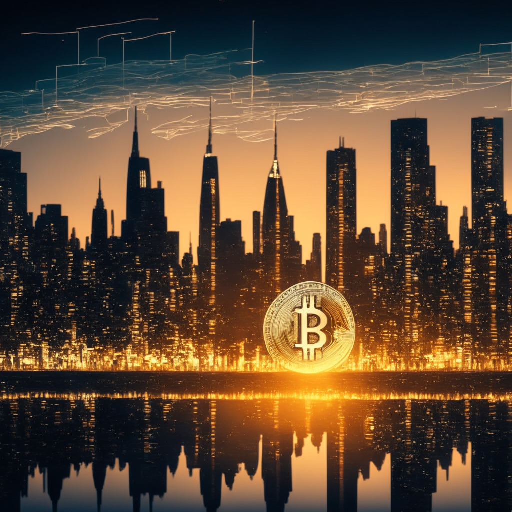 Abstract image of digital Bitcoin coin against the backdrop of a thriving symbolic U.S city skyline at dusk, emphasis on the coin's light reflecting off markers to signify its fluctuations, Art Nouveau style, soft evening light casting long shadows, mood of anticipation and tenuous stability.