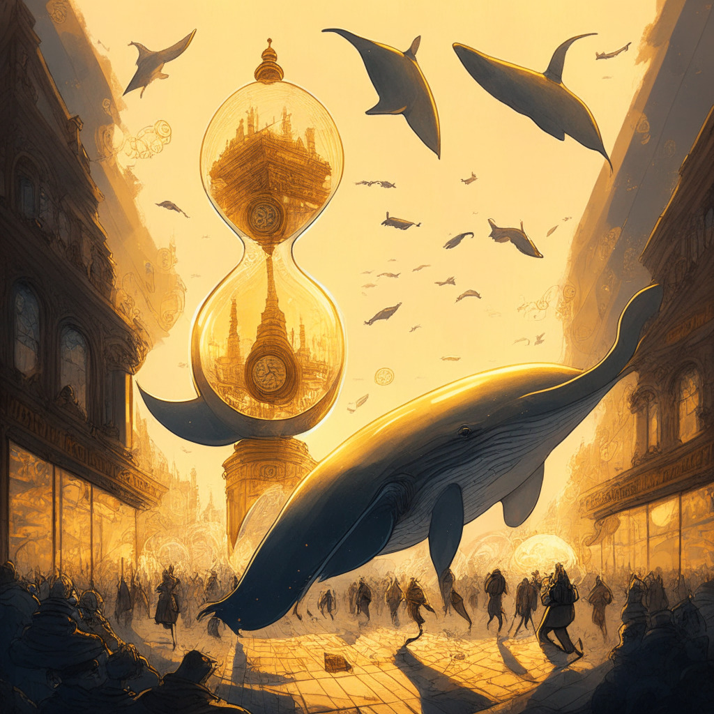 Magical realism style artwork, early evening amber light filling a bustling crypto marketplace. A proud, massive whale, symbolizing the Bitcoin holders, carries a load of shimmering Bitcoin aloft, its path leading away from an exchange building, mood of cautious optimism. An hourglass symbolizing passing time with 2023 etched on it. A delicate balance depicted using a scale representing diversified investments.