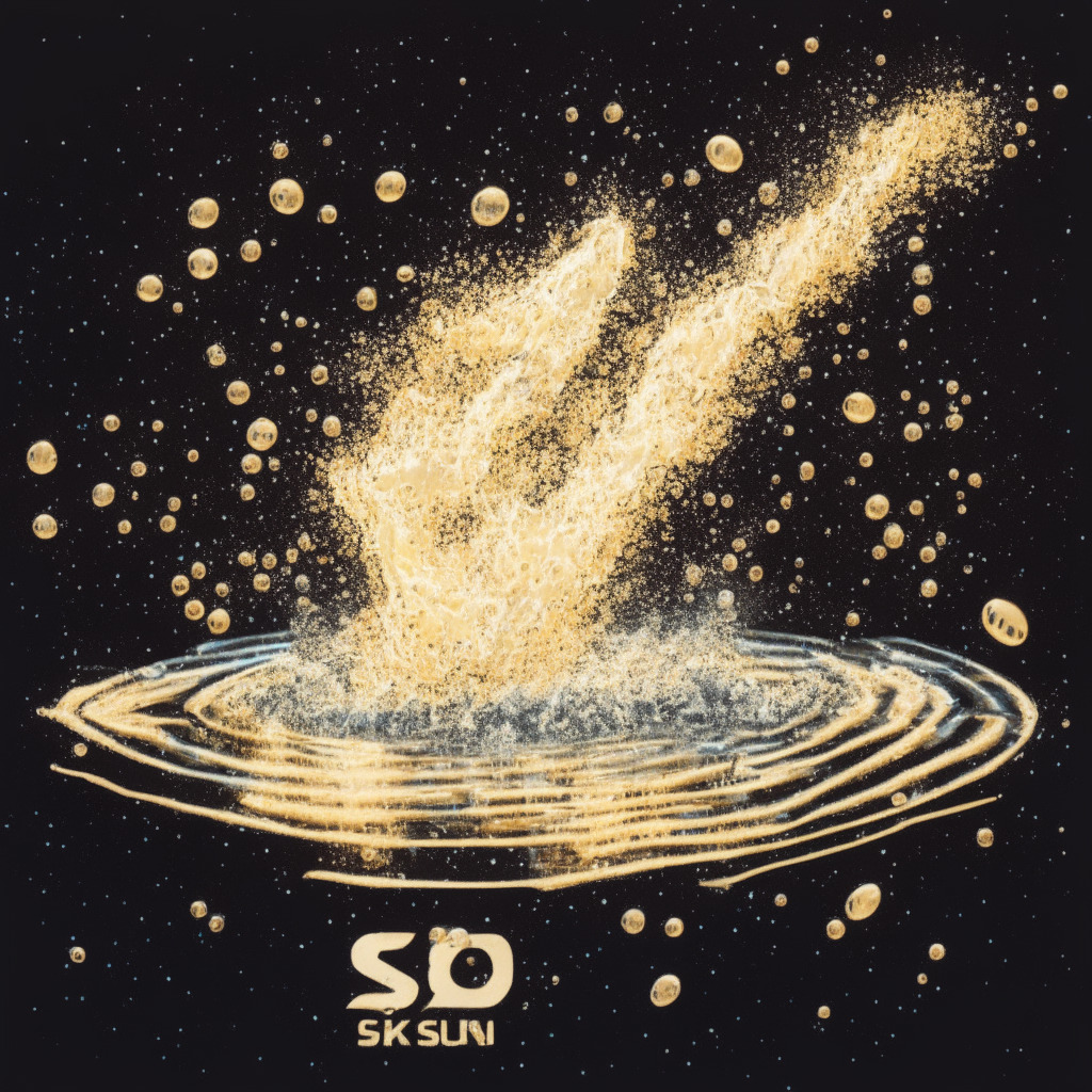 A vivid, graphic streak of a skyrocketing meme token, symbolizing KSI, splashing into a bubbly blockchain pond. Its shimmering trails fade quickly, implying transient success. Nearby, a sturdy token embossed with WSM ascends steadily. The chiaroscuro style illuminates a striking contrast, capturing the light-hearted excitement of crypto gold rush and the cautionary undertone.