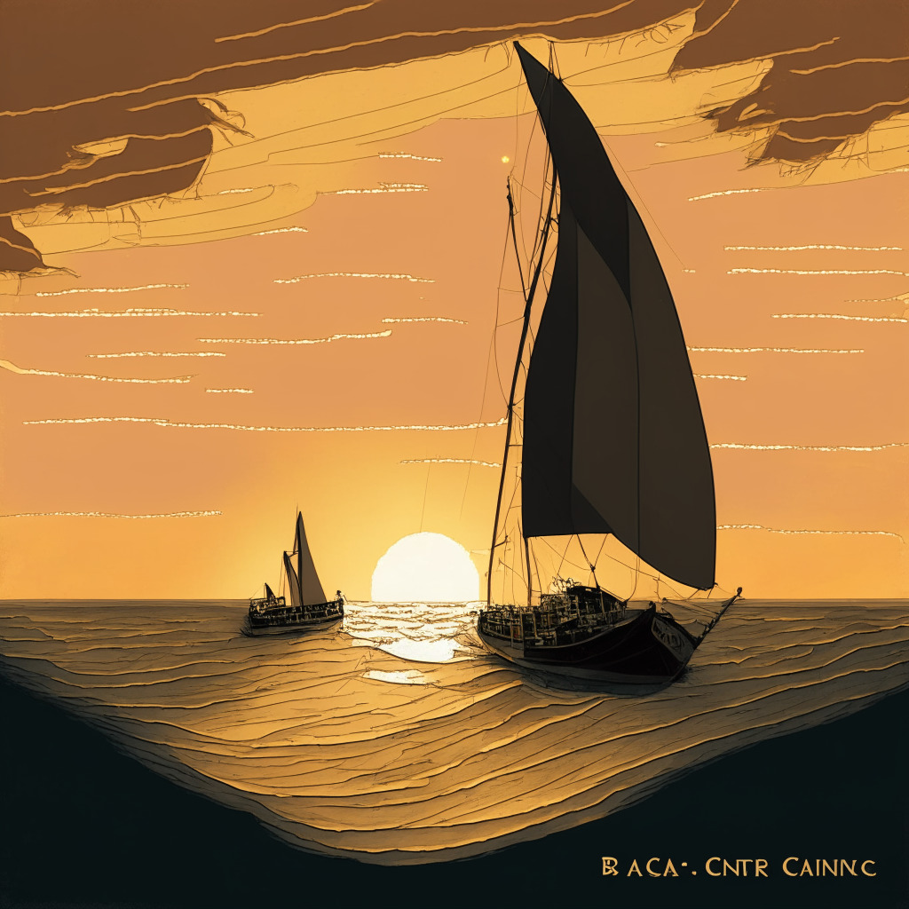 A melancholic scene depicting a digitally rendered yacht drifting in a calm sea under a setting sun, symbolizing the declining prices of BAYC NFTs. The yacht features subtle monkey motifs referencing the BAYC community. While the overall tone of the image is of decline and uncertainty, there are hints of hope as rare apes gleam like diamonds in the sea, reaffirming their value. The style is reminiscent of late 19th-century impressionism, with soft brushstrokes and a muted, soothing color palette.