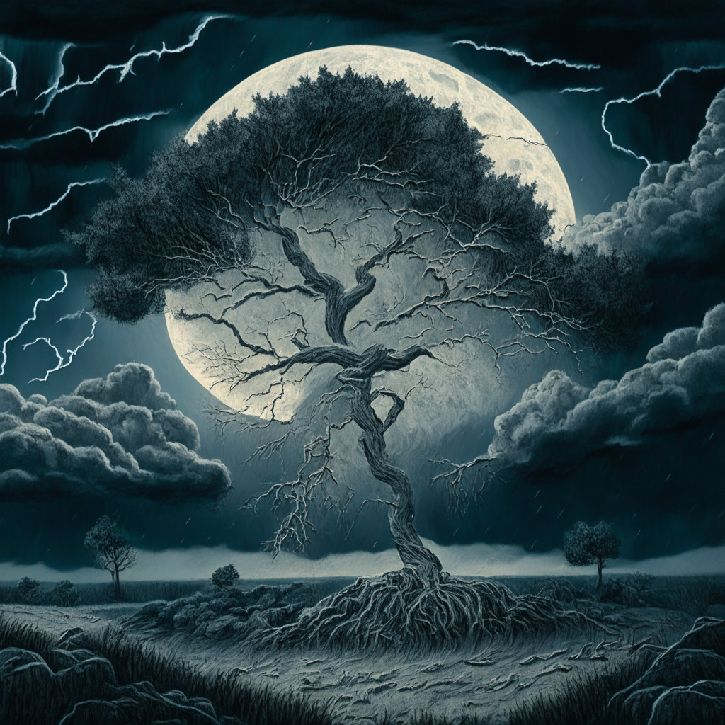 A tempestuous cryptocurrency landscape, a gnarled tree in the foreground illustrating the downtrend of 1INCH, branches stripped of leaves and bent by the storm representing a 44.84% decline. Ominous clouds, evoking a bearish market, billow around a sliver of silver moon, suggesting a glimmer of hope amid the turmoil. In the atmospheric half-light, a bull lurks quietly in the shadows hinting at 1INCH's potential recovery. Across a turbulent river, a vibrant BTC20 flower emerges, bathed in a warm, hopeful sunrise, radiating the allure and promise of Green Crypto. Note: the mood is sombre with a touch of anticipation.