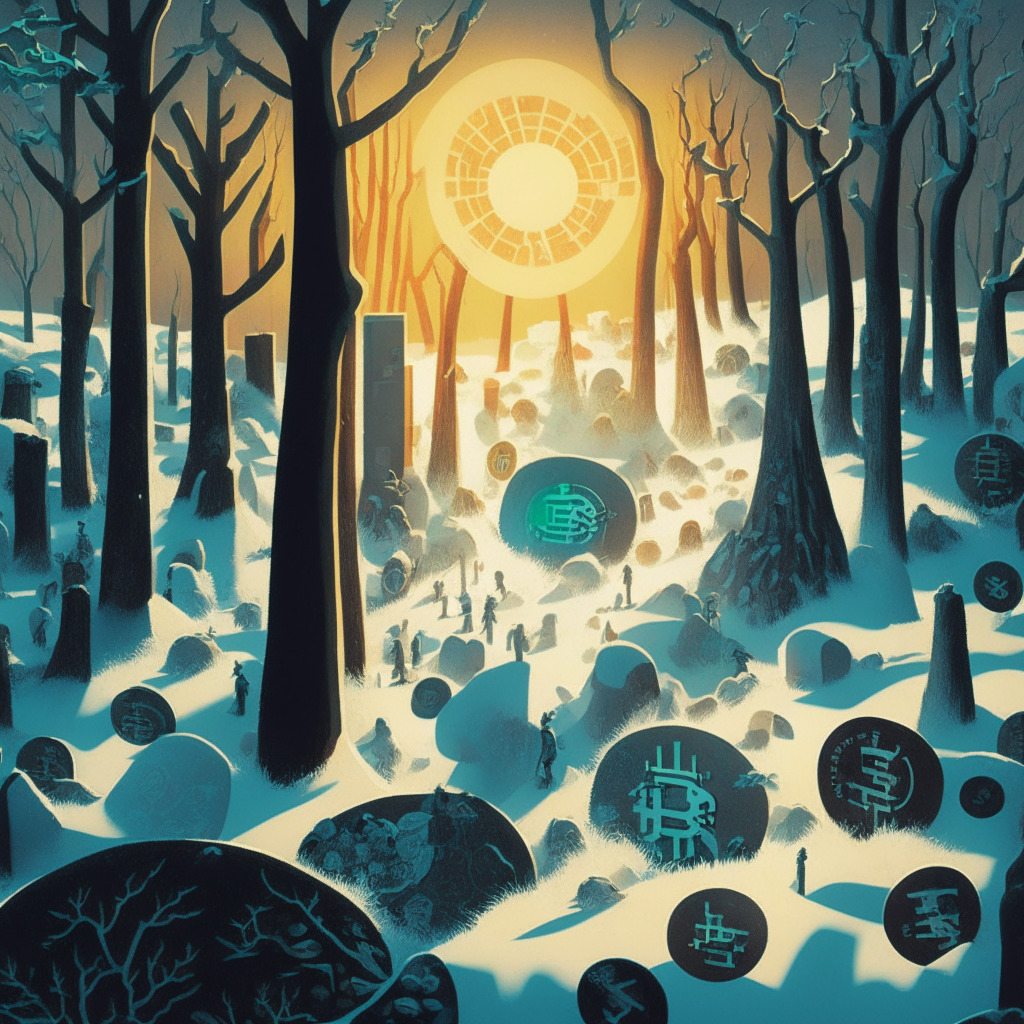 A vibrant, diversified financial landscape, bathed in a cool, optimistic light. A crypto winter scene populated by hedge fund symbols and cryptocoins. Portions of the scene shrouded in shadows represent skepticism, contrasted by the light illuminating optimism. An array of traditional hedge fund managers slowly retreating, with few remaining, intent on increased involvement in the crypto arena. An ominous non-entity symbolizing regulatory barriers, looming in the background. Interplay of warm and cool colors to evoke mixed moods of intrigue and uncertainty.