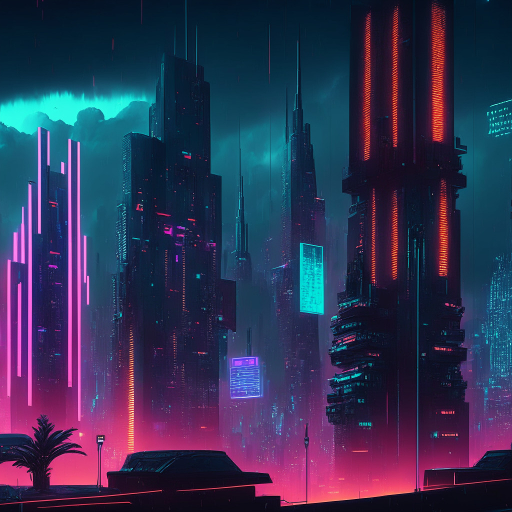 A futuristic city with towering skyscrapers against a moody sky, a large electronic billboard displaying various cryptocurrency symbols in neon-esque colors like BTC, ETH, HUTAO, PAAL, HOPPY, cryptic charts that represent market fluctuations. The scenery is accentuated by chiaroscuro lighting adding a touch of suspense. Preferred artistic style: Cyberpunk.