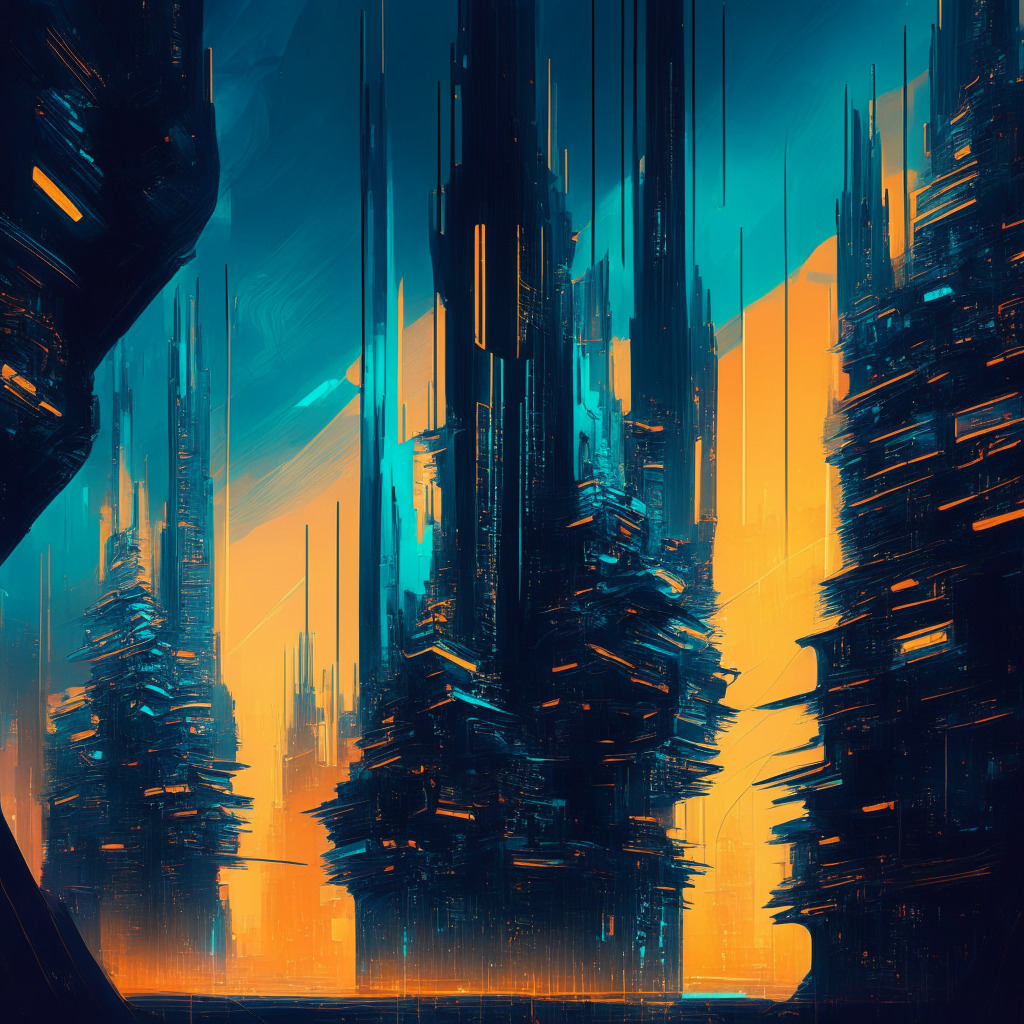 Detailed digital artwork of a futuristic financial metropolis, bustling with abstract DeFi symbols and blockchains, vivid textures styled like a Van Gogh-esque painting, subtly illuminated in the cool hues of twilight, dynamic fluctuations of light reflecting the uncertainty and resilience in DeFi, portraying an atmosphere of intrigue and anticipation