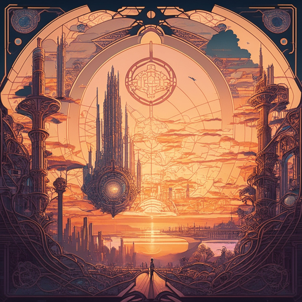 An intricate art nouveau style rendering of the crossover between recruitment and the digital world, with underlying blockchain elements. The scene conveys a mood of anticipation and scepticism, rich sunset hues illuminating a landscape that blends traditional industries with crypto-inspired elements. Half of it is filled with flourishing recruitment corporations personified as towering structures, and the other half visualizing an emerging metaverse infused with NFTs and crypto tokens. Overarching the scene is an abstract symbol of DLance, contrasted by glimmers of doubt and promise.