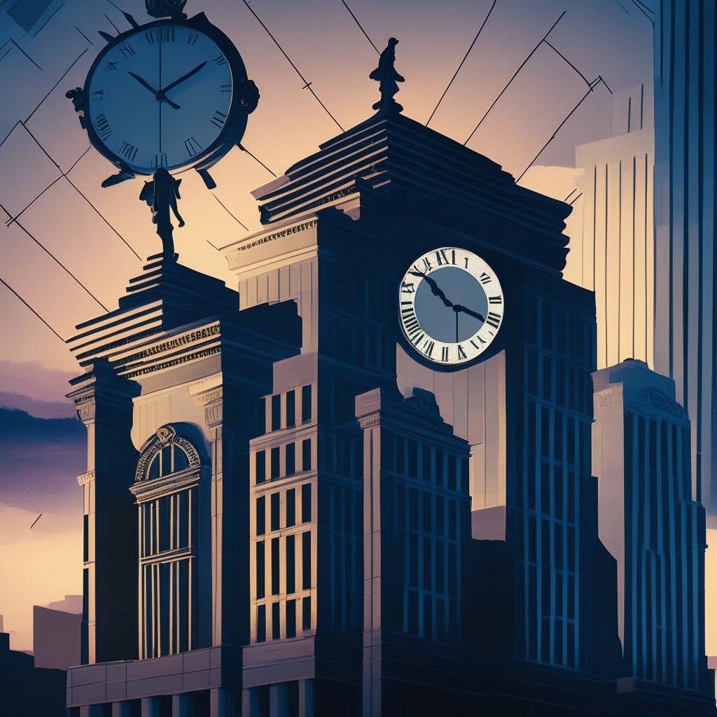 An abstract representation of the U.S. Federal Reserve as a timekeeper, maintaining old-fashioned, analog clocks indicating the time of instant payment services, set against a backdrop of a modern metropolis under a calm dusk sky. Figures, symbolic of financial institutions, converge towards this traditional structure, yet, looming on the horizon are digital landscapes and futuristic structures, symbolizing CBDCs; all in a style reminiscent of a Van Gogh painting, with swirls of vibrant colors representing the buzz around digital currencies.
