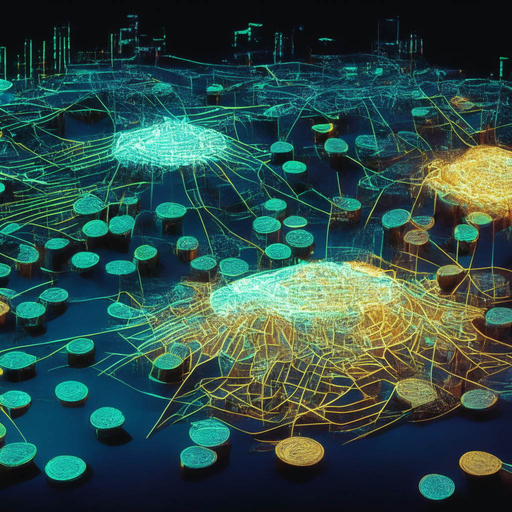 A vibrant digital landscape filled with glowing nodes representing the French Central Bank's digital currency. Luminescent minted coins flowing across intricate distributed ledgers while being molded by invisible cryptotechnological hands. High contrast light to symbolize safety and settlement certainty, shadows suggesting unknown territories of energy efficiency. A balance scale or teeter-totter in the center symbolizing the sustainability struggle. Features a Monet-style brushwork for a French flair, soft and intermediary-moody lighting for an introspective atmosphere.