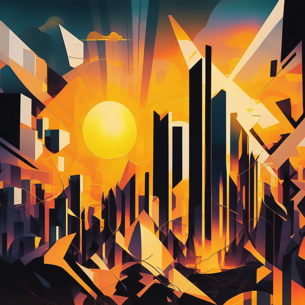 Abstract financial landscape at sunset, reflecting a complex world of cryptocurrency, emphasis on soaring trends and declining trajectories. Mood: Optimistic yet mysterious. Artistic style: Cubism meets Futurism. Light: Dramatic, shadowy contrasts, with radiant gleams suggesting bullish sentiment and a potential market rally.