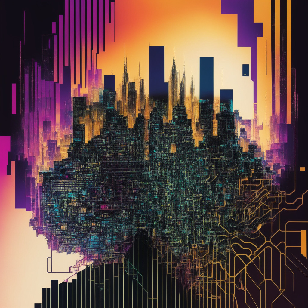 An abstract digital landscape representing the volatile crypto market, dominance in the foreground symbolized by powerful, towering structures, metaphor for crypto loans and DeFi security advancements. In the heart, a circuit-like structure, an ode to the Circuit Breaker proposal. Backdrop with dual-color scheme, contrasting China's chip tech control with various nations' struggles. Shimmering ephemeral figures in the midst, denoting uncertainty around NFTs. A shadowy silhouette of a giant mine, hinting at Bitcoin mining's environmental controversy.