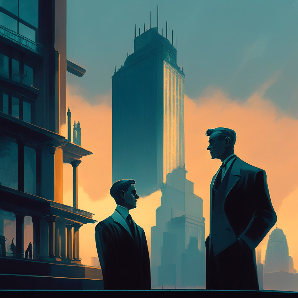 Dusk setting and a vintage painting style image of two characters in mid-conversation. One person represents a tech-savvy, forward-thinking persona, while the other embodies a seasoned, regulatory stalwart. A surreal backdrop of both a traditional banking façade and a futuristic digital city reflects their ideologies. The mood should be tense, yet curious.