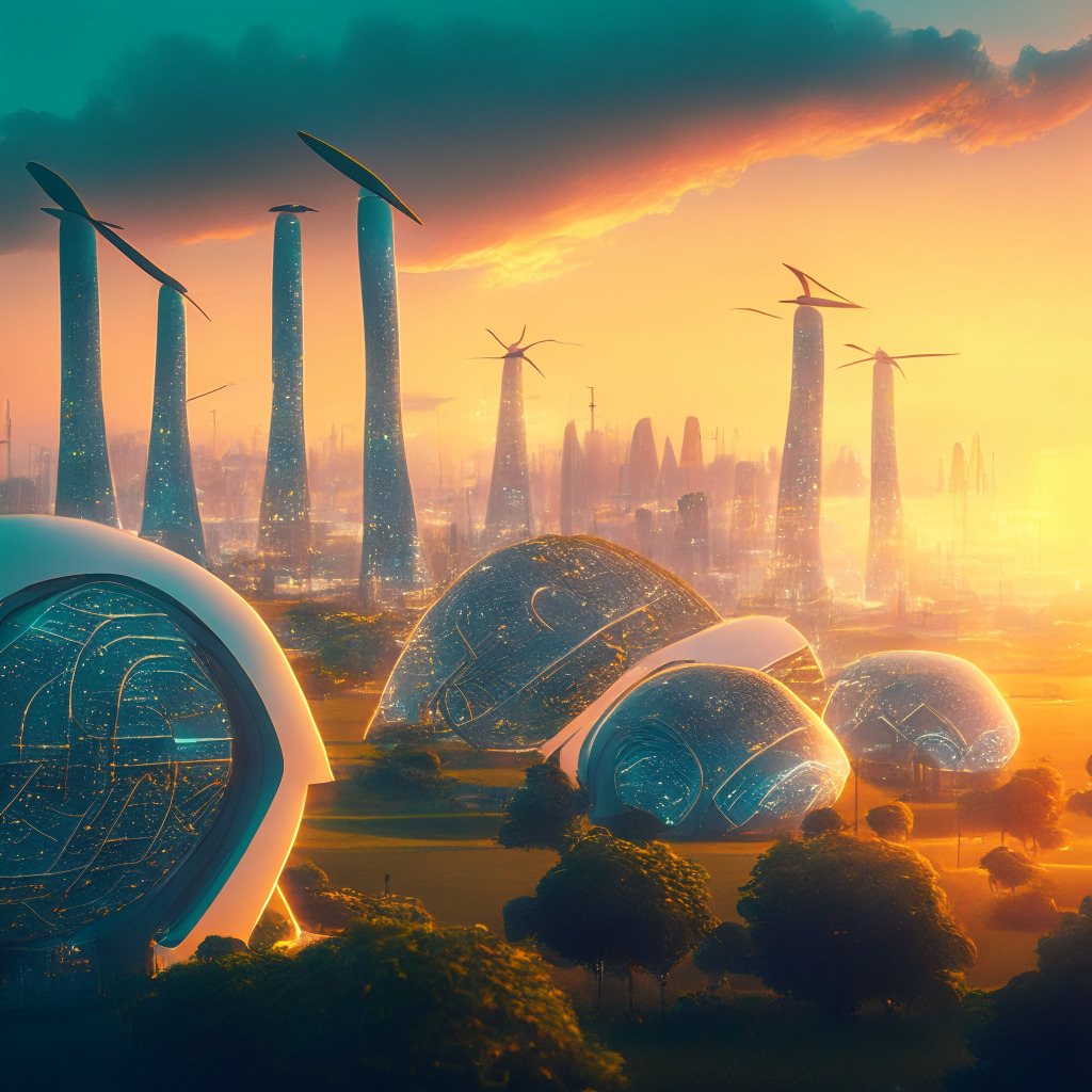 A futuristic cityscape illuminated by the soft glow of sunrise, with colossal wind turbines and solar panels dotting the landscape in the foreground while energy-efficient, bio-dome like buildings flourish in the background. It showcases the seamless intertwining of advancements in cryptocurrency mining and renewable energy, their existence harmonizing rather than clashing. The image inspires progressive, sustainable living, fostering a mood of hope and optimism. The overall style is a blend of realism and futurism, with an underpinning note of tranquility and coexistence.