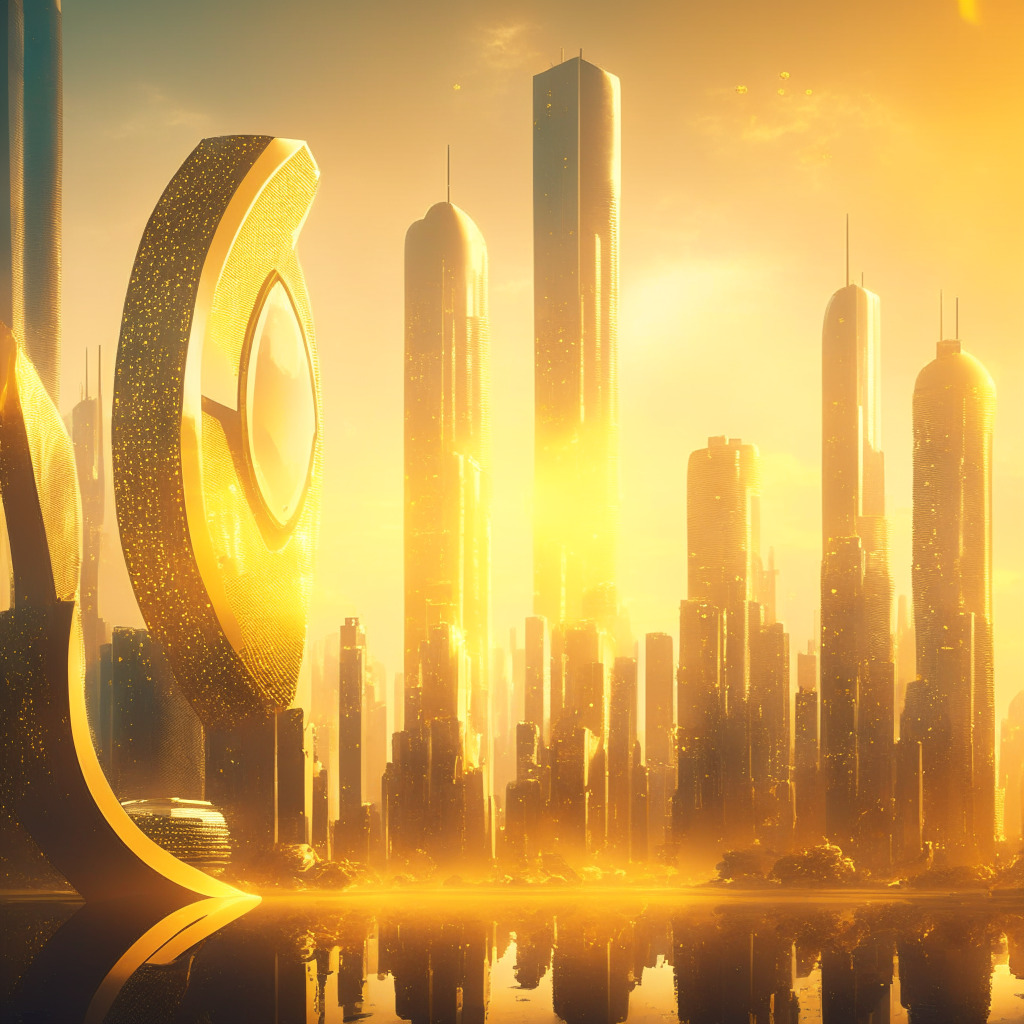 A futuristic cityscape at dawn, bathed in golden light for optimism. High-tech buildings symbolizes a digitally-driven recruitment platform. Giant coins implying a profitable presale ascends from the skyline. Freelancers, visualized as empowered figures, holographically presenting portfolios. An ethereal yet vibrant metaverse environment unravels in the background. Foreground shows swift and secure transaction symbolized by a shielded escrows. The mood is buoyant, offering hope and freedom.