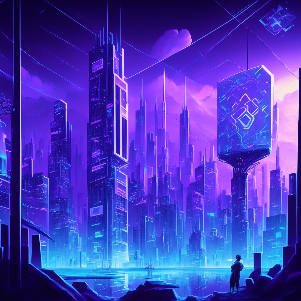 A futuristic cityscape representing the freelance industry, highlighted by Ethereum chains symbolizing the blockchain technology. Structures illustrate job portals, while floating NFT holograms represent freelancers' tokenized services. Business meetings taking place in a vividly luminous, digital metaverse with a blue-purple twilight glow. Mood is exciting yet serene, with a painting-like art style.