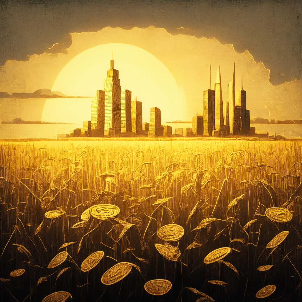 A gloomy, uncertain skyline representing an economy at dusk, dominated by a crumbling dollar bill castle, symbolizing the waning dominance of the US dollar. A field of golden wheat (representing gold-backed currencies) is growing under the shadow, while a bright bitcoin sun shines on the horizon, hinting at the rising value of cryptocurrencies. The style is surreal with a somber mood and dramatic lighting.