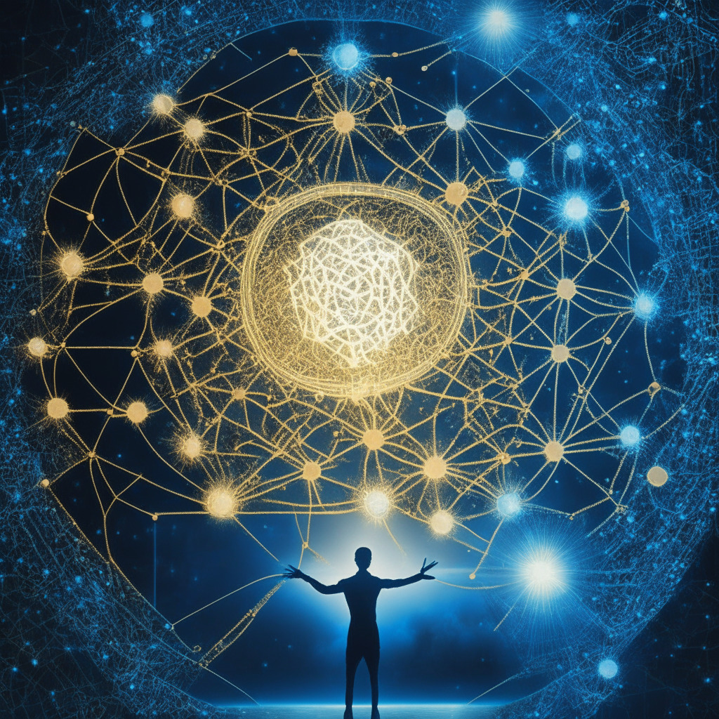 A complex web of intertwining symbols, resembling a blockchain, shimmering in shades of gold and silver against a deep blue backdrop. In the center, a knowledgeable figure presents this mystical tech to an interested audience. Light illuminates from the blockchain, signifying enlightenment amid the cloud of mystery. The image evokes a sense of clarity and discovery, juxtaposed with the subtle hues suggesting depth of the unknown, and the figures show a transfer of knowledge in a welcoming, enlightening mood.