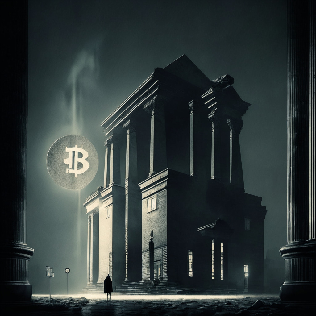 An atmospheric, noir-style financial district in downtown Denmark, a severe granite building identified as a bank stands out, a looming silhouette of a stern regulatory figure against a dimly illuminating backdrop with bitcoin, ethereum, litecoin symbols subtly strewn about. Ethereal glow of boundary lines indicating a 'beyond the sphere' effect.
