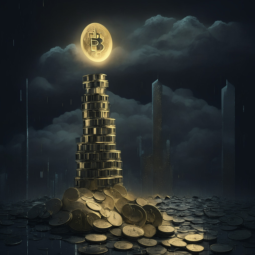Surrealist-style nighttime cityscape, muted tones. Foreground: A dwindling, half-vanished stack of gold coins (Bitcoin) and silver coins (Ethereum). Mid-ground: Dark, looming cloud symbolising regulatory uncertainty and cyber threats. Background: proud, self-sustained glass housing symbolising self-custody. Overall mood: tense yet resilient amid the declining coins. An undercurrent of hopeful optimism, accentuated by a few twinkling stars.