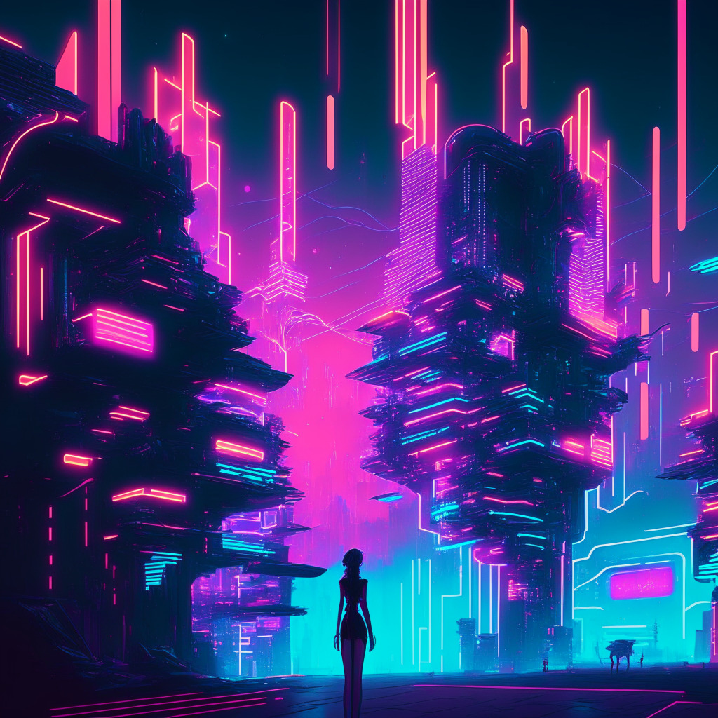 A futuristic digital dreamscape influenced by the style of Ellie Pritts. Scene takes place in an AI-generated, vintage-glitch city, illuminated by soft neon lights hinting at blockchain elements. Key features are animations drawn from a dream journal, transformed into surreal digital entities. There should be a distinct mesh of AI and human creativity evoking an introspective mood with hints of intrigue, uncertainty.