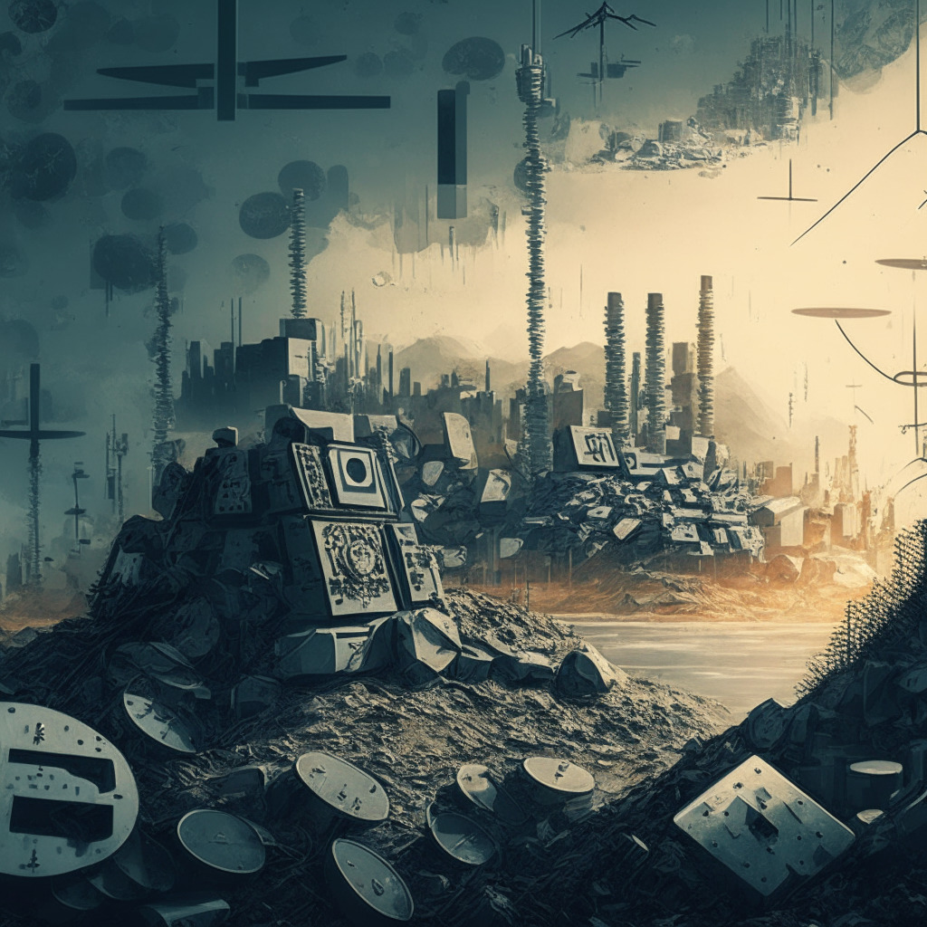 Detailed view of a digital landscape with a conflict-torn theme, marked by currencies like Bitcoin, Ether, and the lesser-known USDT as towering structures. Eastern Europe-inspired scenery dotted with subtle military symbols, medical gear and ammunition. Use a gritty, modern art style to evoke a sense of tension. Showcase a warm light being cast, representing global support, over a partly cloudy scene indicating uncertainty.