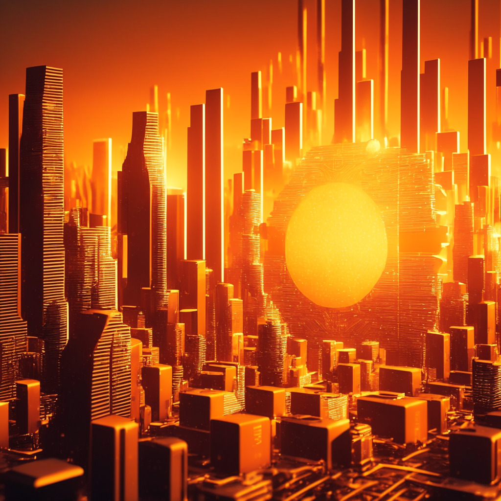 A detailed view of a glossy, futuristic cityscape signifying Wyoming, strong kinetic lines implying a dynamic race towards digital currency. This includes elements of stackable, block-like structures to represent a blockchain. The sun is setting, casting an ethereal orange glow representing the shift from traditional finance to digital. Invoking a mood of anticipation and uncharted territory. Note: No identifiable logos or brands.
