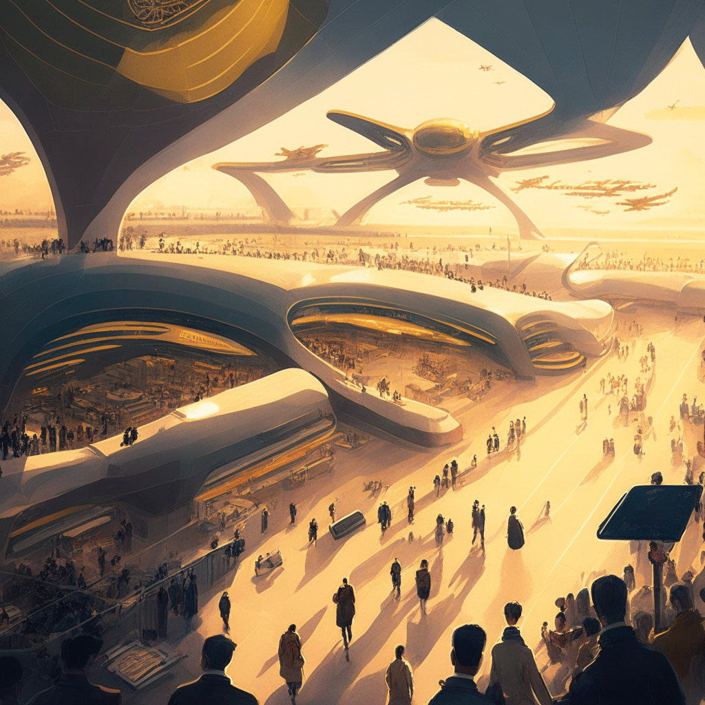 A futuristic illustration of a bustling Chinese airport viewed from a high vantage point. The style is blended with realism and futuristic artistic elements, filling the scene with a soft, glowing, late-afternoon golden light. Visible are crowds of business travelers, engaging with digital platforms, making transactions with glowing tokens of digital yuan. In one corner, a stylized notice board shows a flight being purchased with the digital currency. The overall mood is optimistic, yet holds a palpable sense of caution symbolized through subtle visual elements.