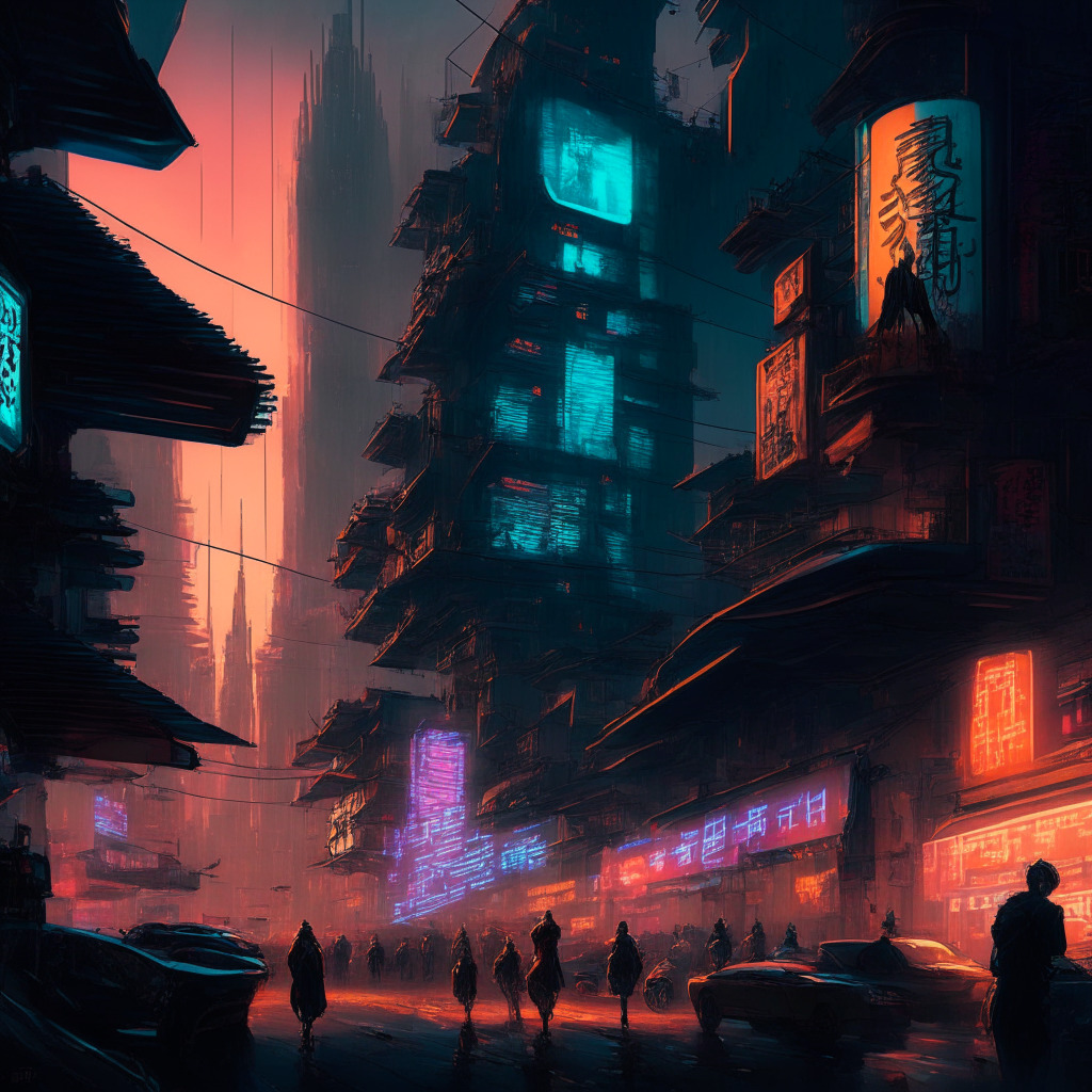 An intricate cyberpunk cityscape at dusk, streets bustling with merchants and consumers, central to the scene is a visible digital flow, symbolizing the digital yuan. The atmosphere is electric, reflecting the rapid adoption of CBDCs. Soft shadows suggest questions of privacy, contrasting with bright sparks of innovation and revolution.