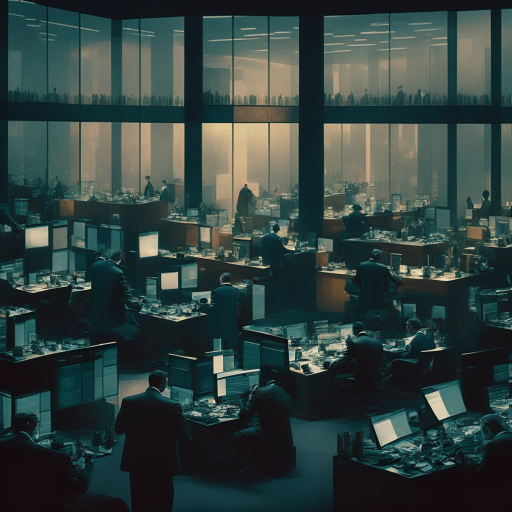 A surreal portrayal of a Wall Street-style trading floor bathed in soft, introspective twilight hues, populated with symbolic representations of traditional hedge funds and digital crypto elements. The scene reflects a careful dance between hesitancy and intrigue, encapsulating an underlying current of strategic planning and cautious optimism. Tone should be intriguing yet suspenseful.