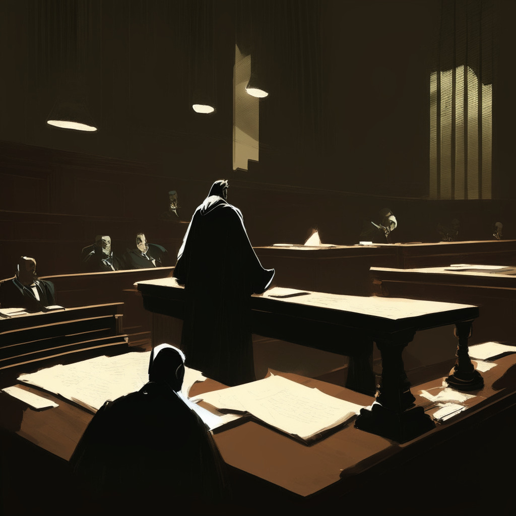 Dramatically lit courtroom, stern judge in black robe commanding attention, legal papers strewn across the wooden desks, nervous defendant separated by a gavel's reach, a mood of intense suspense and uncertainty. In an abstract expressionist style, visualize this legal drama unfolding, with the looming trial dates and a palpable sense of unresolved justice.