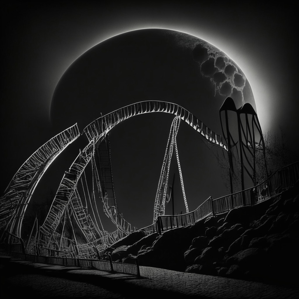 A nuanced, 'film noir’ style depiction of a roller coaster, symbolising the fluctuating value of Luna Classic. The scene is lit with deep, moody shadows, expressing the recent decline in value. The coaster cart teeters on a peak, near the 200-day average, on the brink of a steep drop, suggesting possible further financial dip. In the distance, there's a faint glow, representing a glimmer of hope for future revival. The overall mood is tense, yet surrounded by anticipation.