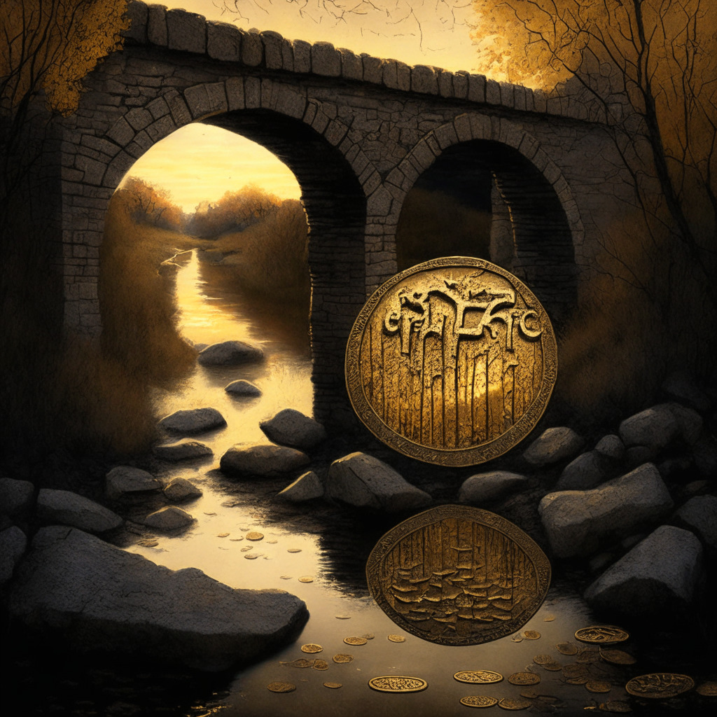 An autumn dusk scene of a medieval stone bridge (representing a multichain bridge), fading into cracked shape, reflecting a heist or hack. A golden coin etched with the letter 'F' (for Fantom Coin) lies near the bridge, looking abandoned and losing its shine. On the other side, a gleaming coin shines with the words 'Thug Life Token' amid rays of dawn, echoing a hopeful rally. Capture the paradox atmosphere, rich in contrasts and tensions.
