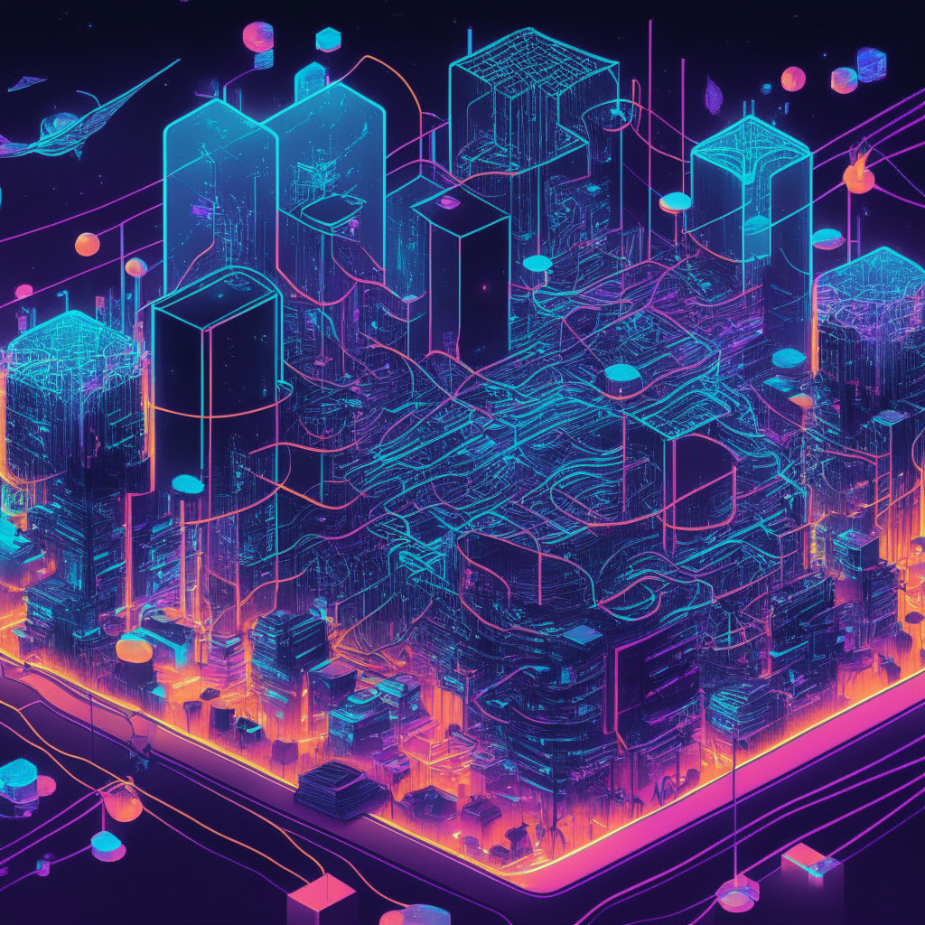 An intricate illustration in a modern art style reflecting on the workings of Decentralized Ecosystems. Picture dual entities, DApps and Protocols, depicted as futuristic buildings, solid yet transparent, glowing with soft neon lights under dusk sky. DApps, inherently detailed with bustling users inside interacting effortlessly. Protocols, underlining everything, with miniature lines of code permeating the ether. Set in an inspiring and engaging mood, highlighting the essences of security, transparency, and decentralization.