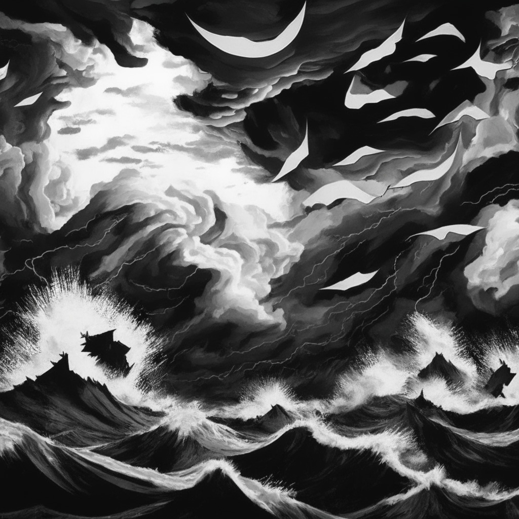 Depict a scene of a stormy, digital sea, gray and chaotic, symbolizing cryptocurreny turbulence. Incorporate abstract shapes representing digital currencies amidst the chaos, heavy clouds overhead signifying distress. Style the image as post-impressionist, primarily utilizing variations of black, white and gray palette. Emit an atmosphere of turmoil, uncertainty and urgency.