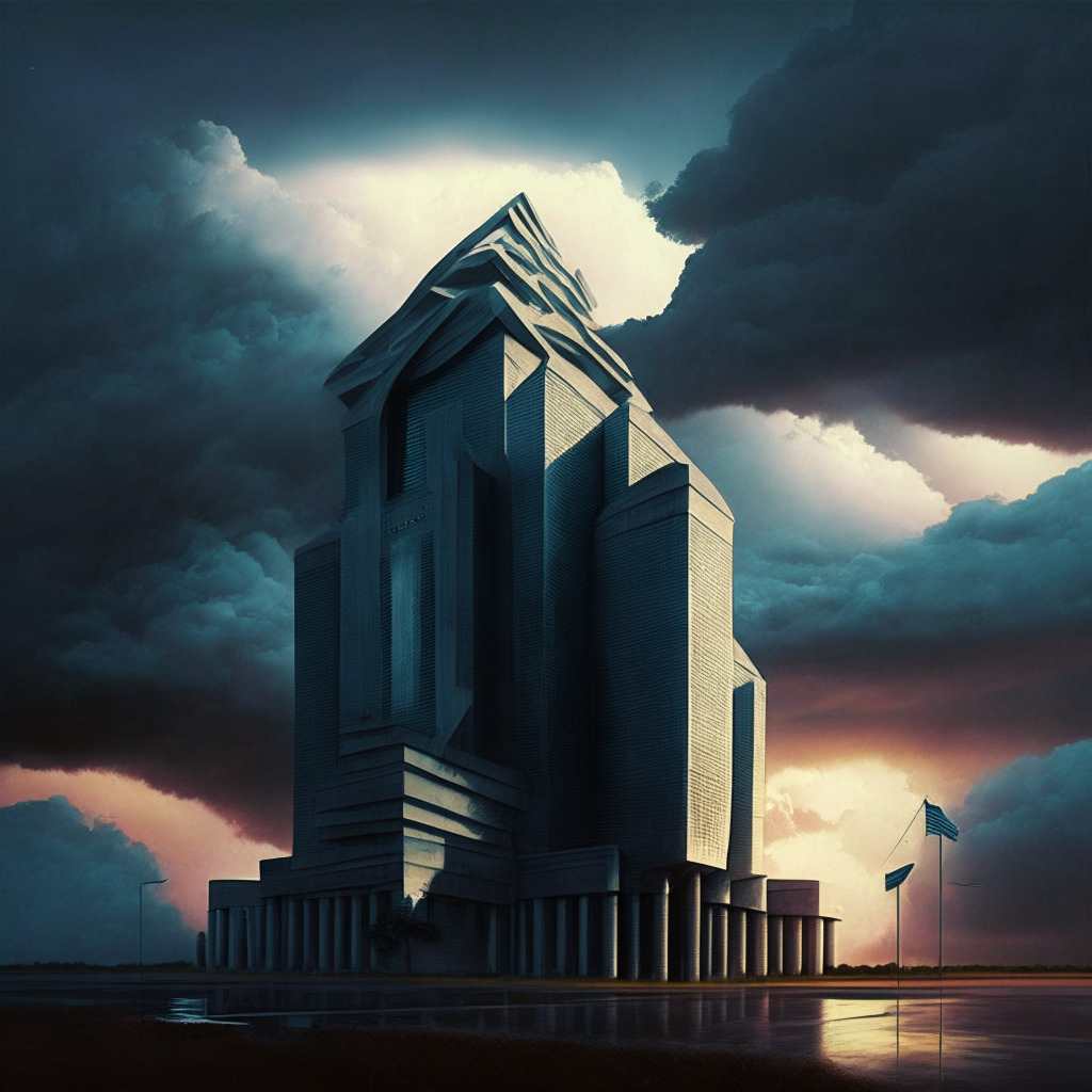 A grand edifice representing the Bank for International Settlements, adjacent to a disruptive storm symbolizing cryptocurrencies with inherent structural flaws, and a bright, sunny landscape manifesting the promise of CBDCs. The edifice stands in twilight shadow, intertwining with both weather settings. Artistic style: surrealism. Mood: thought-provoking, dichotomous.