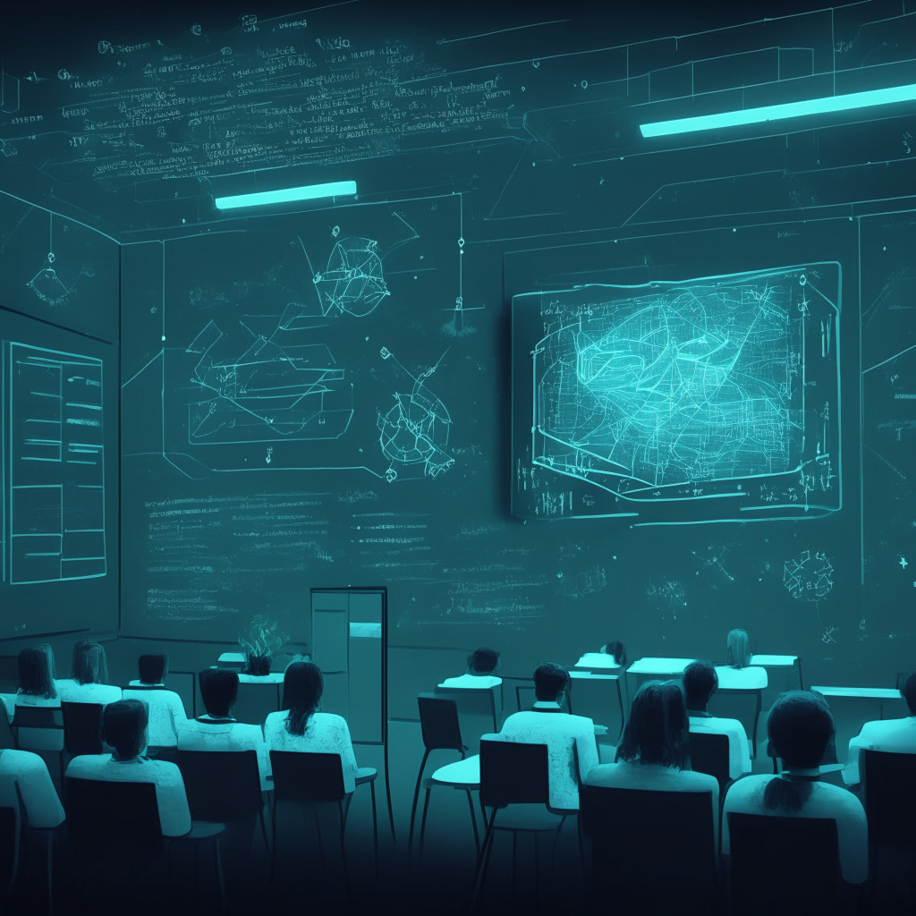 An atmospheric digital classroom filled with depth and muted colors. There are seven well-lit screens, each showing different animations corresponding to machine learning concepts, Python programming, data science lectures, vibrant AI discussions, statistics visual explanations, algorithm tutorials, and recent AI trends. All have a chalk-drawn, playful, yet scholarly style conveying an air of exciting discovery.