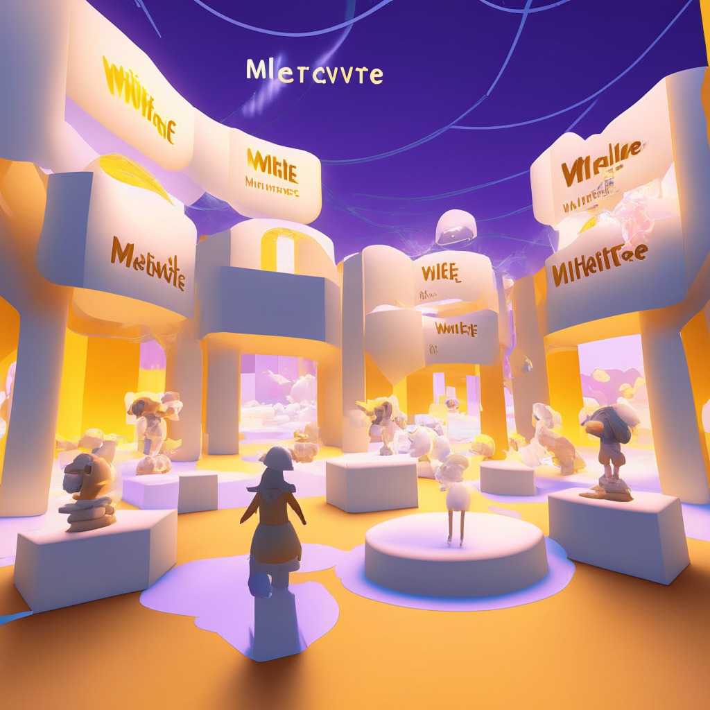 An immersive metaverse landscape bathed in soft, warm ethereal light, reflecting the glow of digital innovation. The image combines the joyfulness of a virtual reality playground with elements of McDonald's Chicken McNuggets history - an ethereal factory producing virtual goods. Avatars with customizable identities explore, interact, play, and earn. An overarching sense of technological intrigue and ambiguity permeates the setting, embodying the tension between enthusiasm and skepticism about the blockchain space.