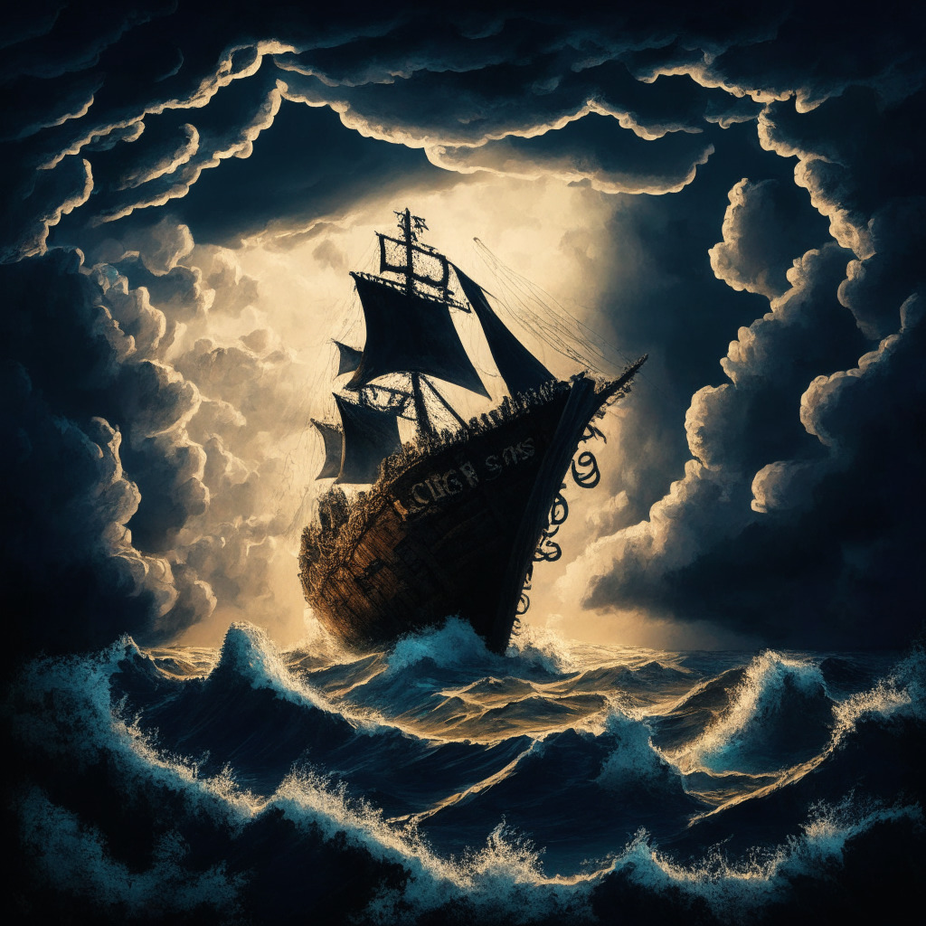 Celsius Network's journey through tumultuous crypto seas under a dramatic, stormy sky, represented by a sinking ship in the form of a large cryptocurrency sign. Shadows of altcoins emerging as specters, hinting at the impending sell-off. Light setting captures the anxiety and uncertain mood of investors, with an artistic style influenced by Baroque's use of chiaroscuro. Visible on the horizon, a lifeboat piloted by the symbol for Fahrenheit, indicating Celsius' potential savior. All taking place against the imposing backdrop of a stern judge's gavel, signifying the looming regulatory scrutiny.”