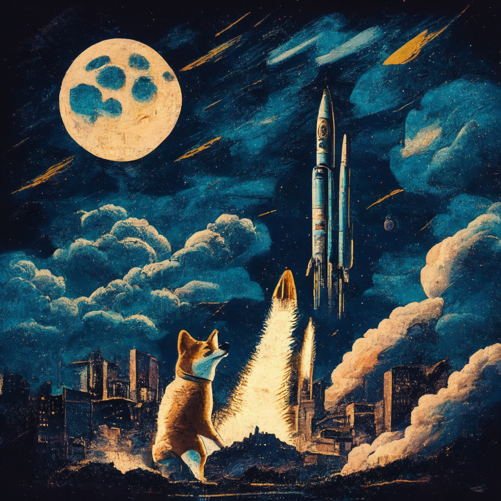 A surreal cityscape under dusky twilight, an emboldened shiba inu astride a rocket ascending amidst the turmoil, BTC element symbol represented, crumbled and dwindling at the base. The mood is contrastingly anxious yet victorious, in a Van Gogh's Starry Night-style.
