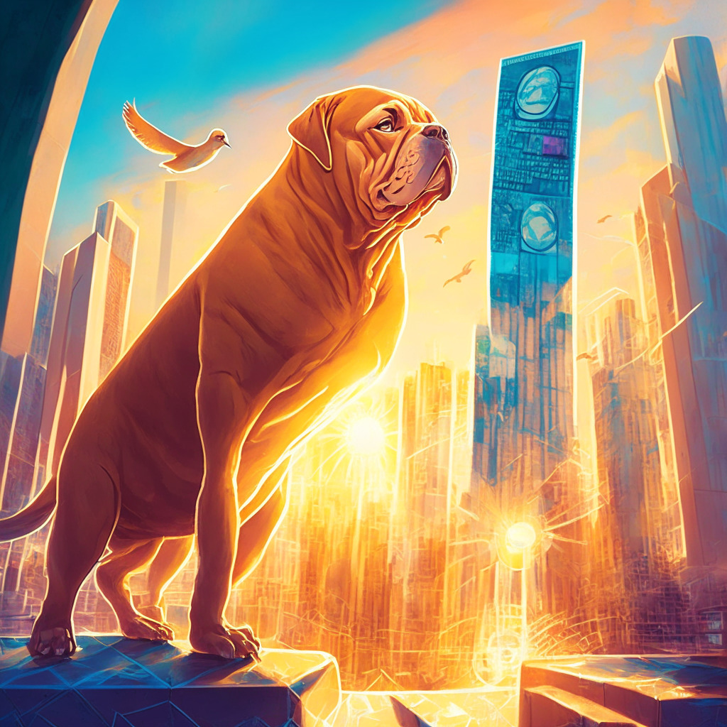 Late afternoon sunlight over a thriving cityscape, with futuristic buildings symbolizing the crypto market. A playful Dogue De Bordeaux, representing Dogecoin, leaps luminously through a Twitter bird-shaped portal in Impressionistic style, reflecting the surge and potential as a payment method on Twitter. It summons a mood of hopeful anticipation and vivacity.