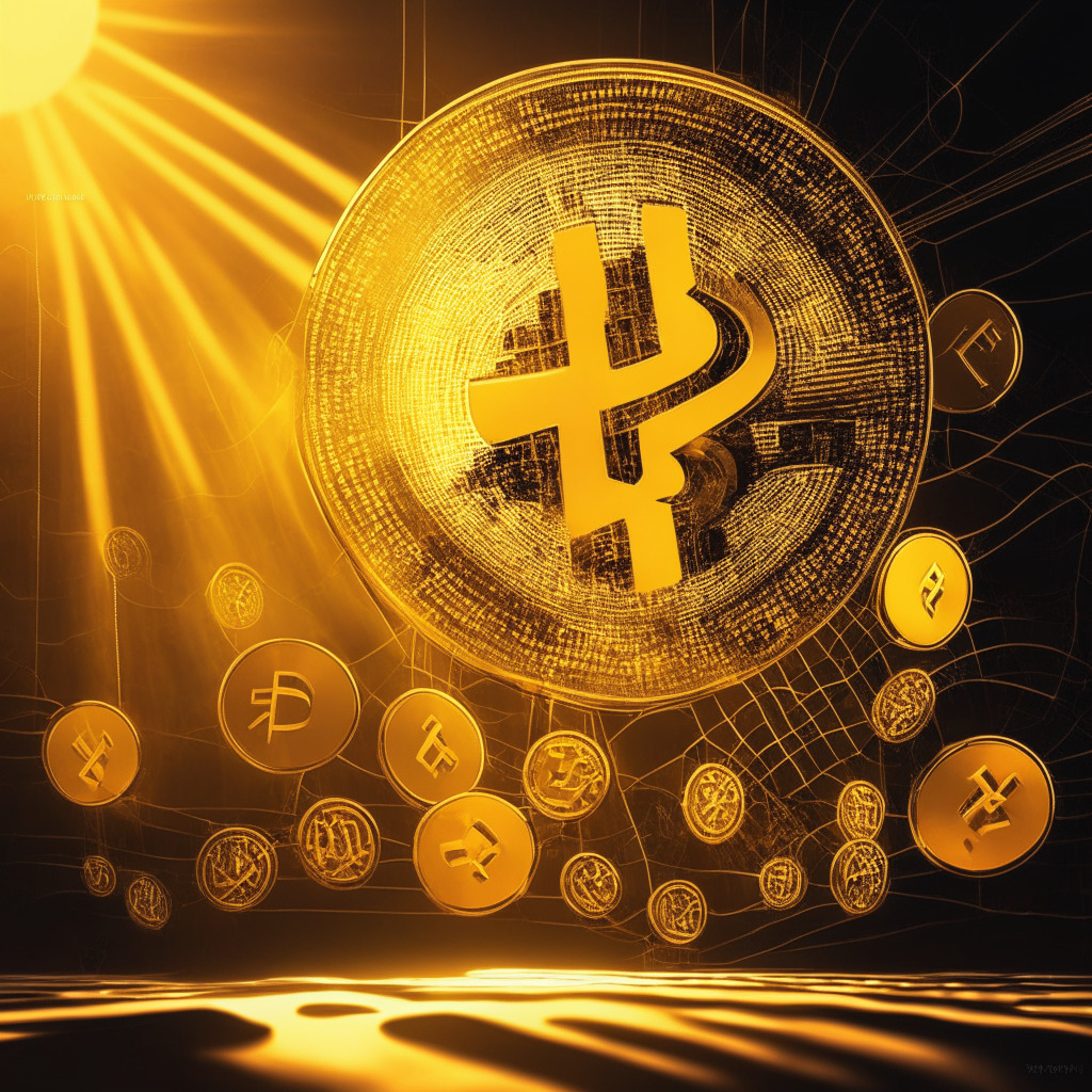 Abstract digital art illustrating cryptocurrency market fluctuation, focus on Dogecoin and new player Thug Life Token. Morning light setting to signify the start of a trading day. Imagery suggestive of a 'golden cross' pattern, indicating momentum. Cool, metallic color scheme to portray the market's unpredictable nature, futuristic haze for ambiguity.
