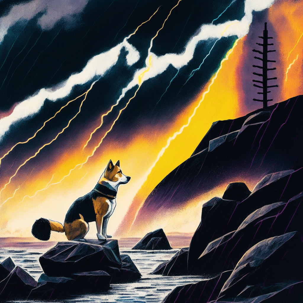 A dark, conceptual art scene depicting a Shiba Inu dog anxiously observing a descending line-graph carved into a rocky foreground, vivid contrasting colors for volatility. Stormy skies, painting the light setting with abstract hues of anxiety & uncertainty, embodying the risks in cryptocurrency. The rising sun at the horizon symbolizing a glimmer of hope and potential in a storm.