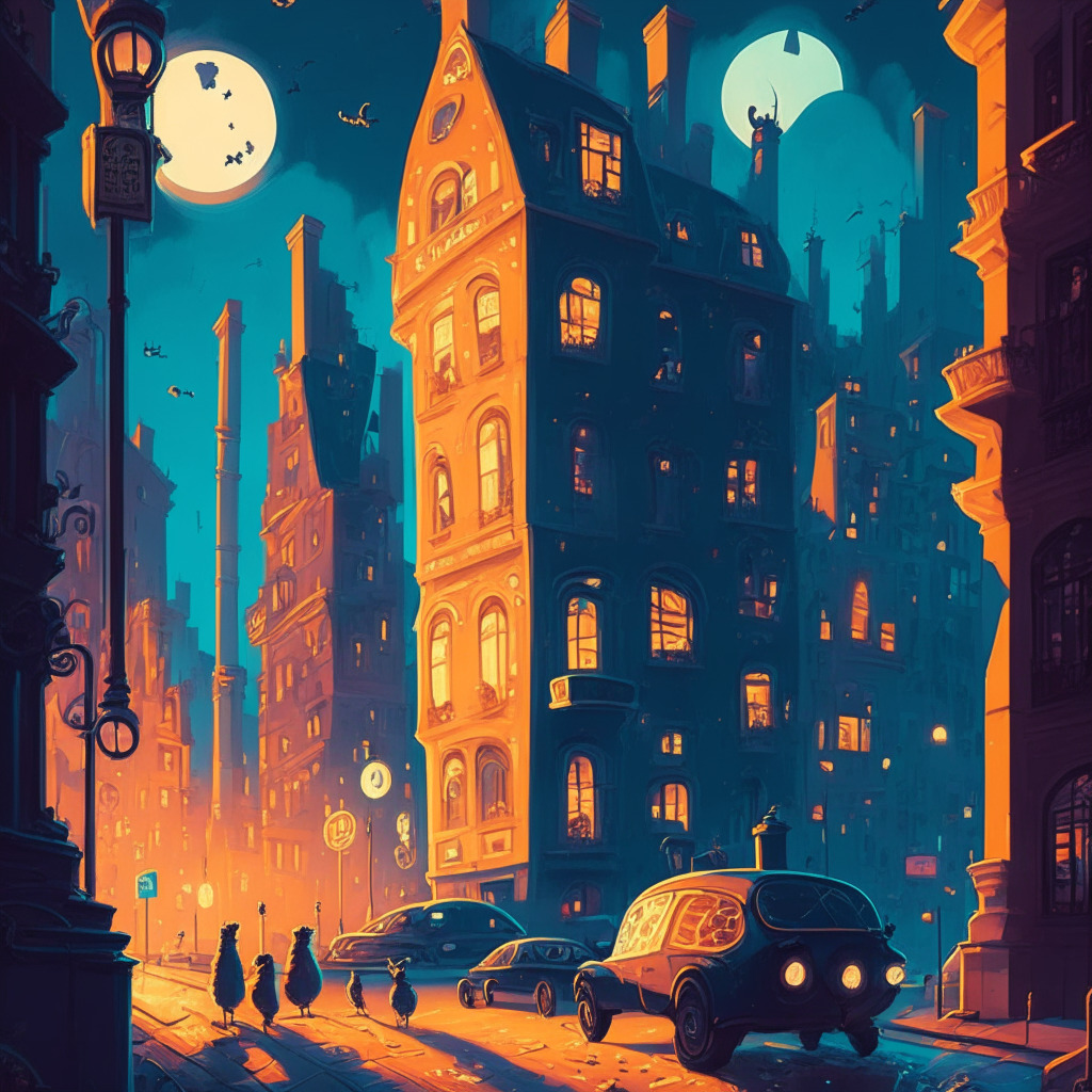 An intricate digital painting of a whimsical city where everything, including buildings and vehicles, appear as stylised versions of Dogecoin. It's dusk and there are glowing lights from windows and lampposts, casting playful shadows. Streets are filled with excited, anticipative onlookers, waiting for something momentous. There's a sense of height, like we're tipping on the edge of a precipice, with looming economic towers suggesting optimism but also potential risk. The style is vibrant and somewhat surreal, think Salvador Dali meets cyberpunk, symbolising the surreal community fervour and risky, groundbreaking nature of cryptocurrency.