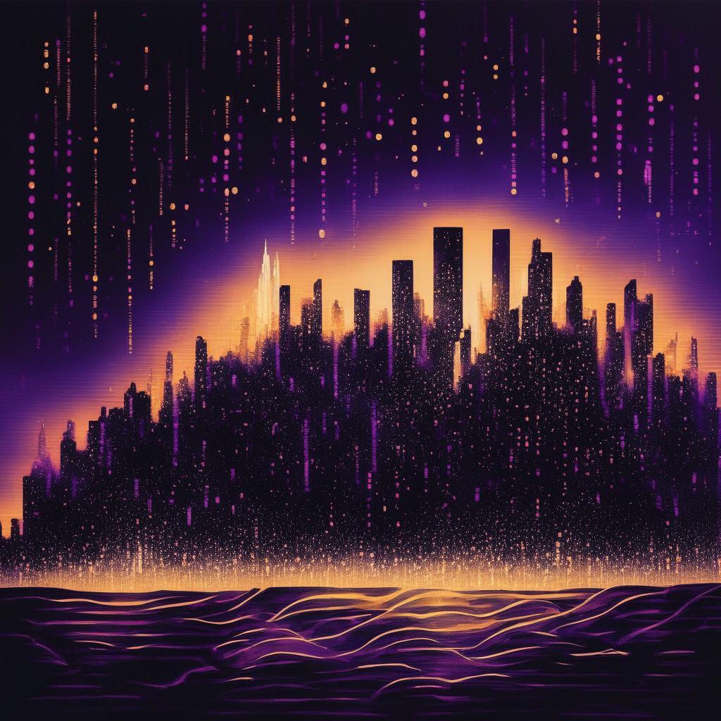 An electrifying skyline painted in deep hues of twilight, dotted with symbolic representations of Dogecoin soaring in a wave-like pattern indicating its rise from the Daily Moving Average. The light setting is a contrast between warm glows of success and cool shades for potential pitfalls. The mood: suspenseful with elements of daring. In one corner, an AI neural network represented by interwoven lines to reflect the budding yPredict cryptocurrency.