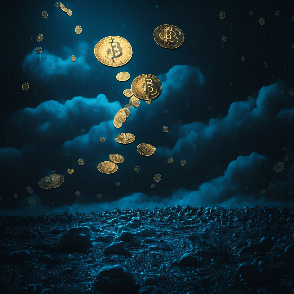 A surreal, artistic image of Bitcoin coins floating under a dimly lit sky, showcasing a volatile yet profitable journey. Include contrasting elements that indicate fluctuations in value, bold glows around the coins reflecting high-return prospects amid subdued blues hinting risk and uncertainty, fostering a contemplative and provoking mood.