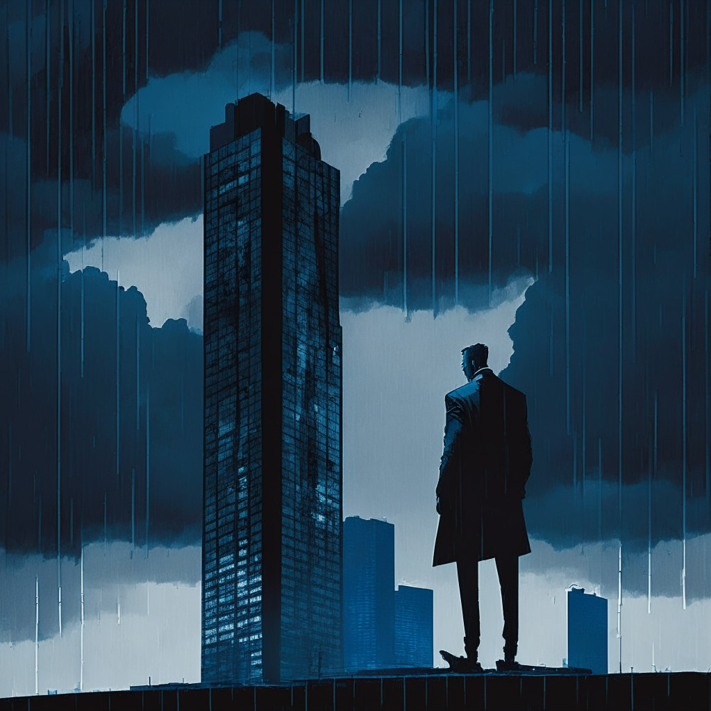 Dusk descending on a daunting skyscraper, symbolic of the fallen crypto lender, Celsius Network, shrouded in somber hues of melancholy blue and gray. Dramatic shades silhouetting an isolated figure that represents the ex-CEO, amidst the rain of financial papers fluttering from the towering building, reflecting deceit and despair. An impending storm in the backdrop signifies the intensified regulatory scrutiny, cast in a Chiaroscuro inspired light. The chaotic yet poignant scene is enveloped in a mood of uncertainty and doom, embodying the stunted growth of crypto innovation due to legislative hurdles.