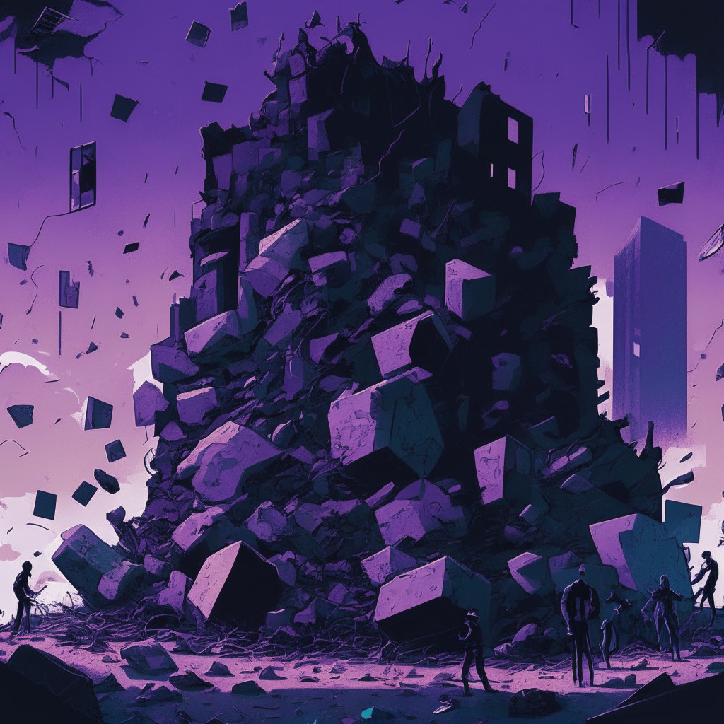 A twilight scene bathed in somber blues and purples, a stylized image of a large, towering cryptocurrency exchange crumbling under the weight of heavy regulatory rocks. Amid the debris, smaller, more agile structures emerge, suggestive of a company in transition. Characters represent at once laid off employees and new talent, underscoring a complex mood of melancholy and hope.