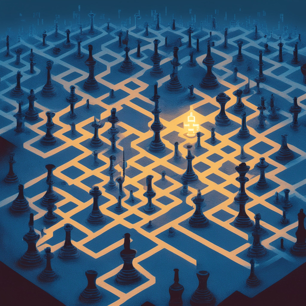 An intriguing market scene set in dusk, with a maze symbolising the Bitcoin futures landscape. The paths depict the ebb and flow of liquidations, subtly tinted in cold hues to express risk aversion. Traders are represented as chess pieces, moving cautiously in this game. A faint upward arrow suggests potential gains, piercing a warm-toned sky, mirroring glimmers of positivity amidst volatility.