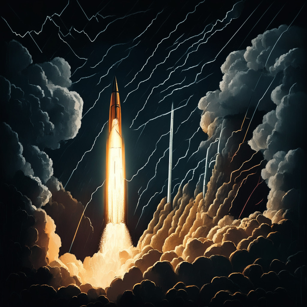 A tumultuous crypto market, illuminated by a foreboding stormy light, embodying a bearish mood. The centerpiece, a rocket symbolizing Rocket Pool's RPL, is careening downwards against a backdrop of cascading graphs and intimidating averages. Artistic style mirrors the eerie excitement of a caravaggio painting, the light emphasizes the rocket's precipitous descent.