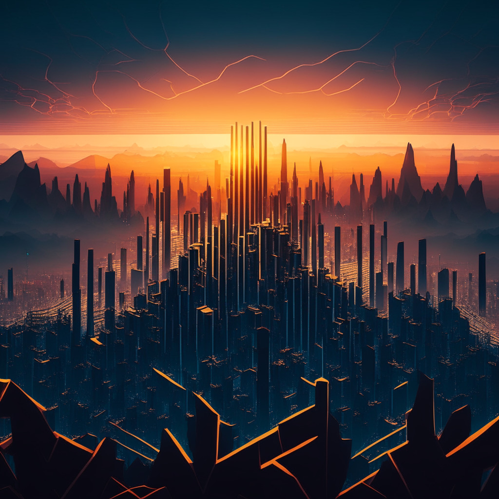 A dynamic landscape at dusk, with imposing scale balances symbolizing law and regulation looming over a cryptic cityscape representing blockchain technology growth, mood: tense yet hopeful. An intricate maze, signifying legal intricacies, borders the city. In the distance, a rising sun, embodying the hopeful future of digital currency.