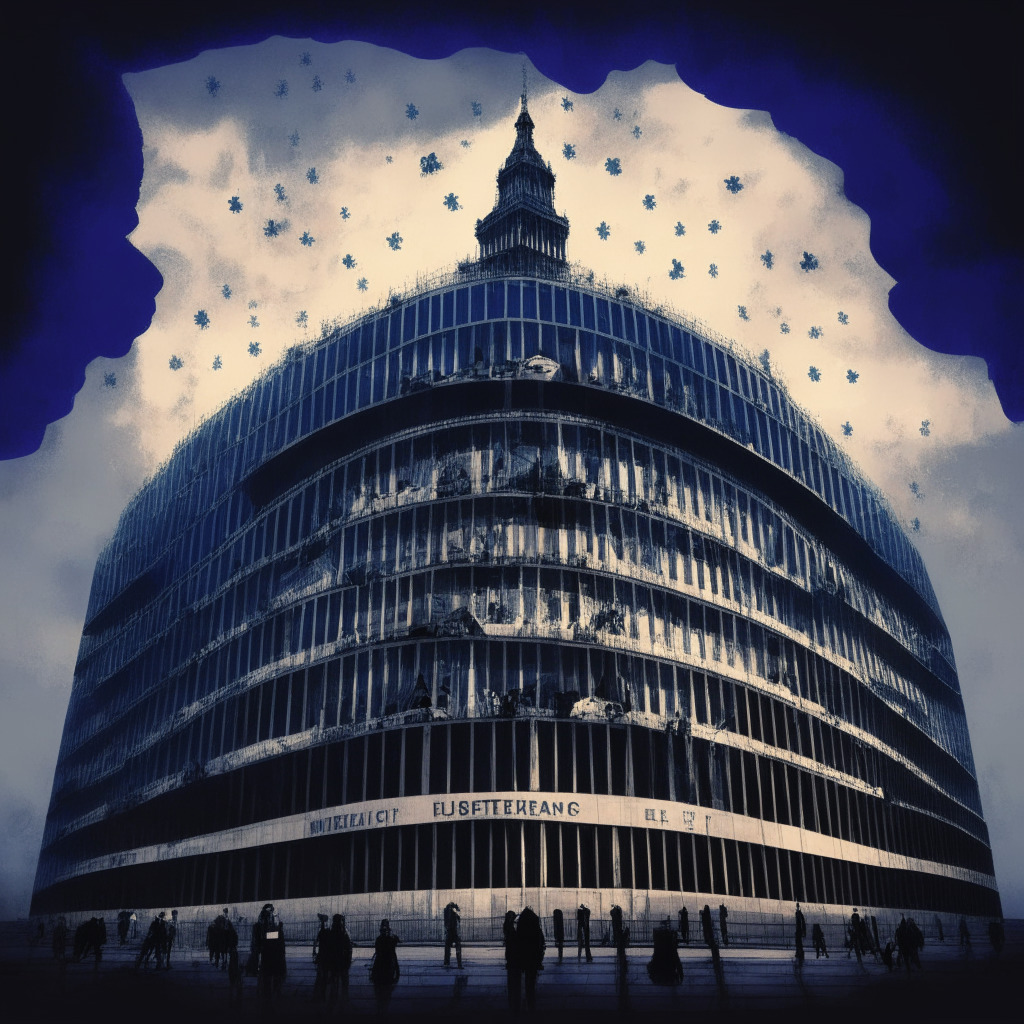 An imposing European Parliament building under an overcast sky, with edgy blockchain themes embedded in the architecture, tonal dichotomy in lighting illustrating a sense of impending regulatory changes, a notion of uncertainty permeating the scene. Figures huddled in discussion, animated symbols of 'smart contracts' floating above them, radiating a subdued yet intense hue, pulsating like a life force. The mood is apprehensive, yet resilient, a confrontation between the old world and new technology.